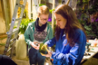Student Katherine Metzler (left) and Lynne Koscielniak, associate professor of scenography and artistic supervisor of the UB Lumagination project, work in the greenhouse.