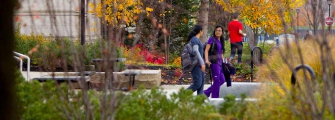 Students walking around South Campus. 