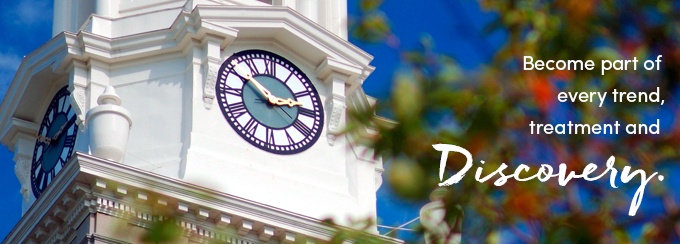 Hayes Hall clock tower. Become part of every trend, treatment and discovery. 