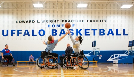 Students participate in a rehabilitation science class focused on adaptive sports, such as basketball and lacrosse, in Alumni Arena. 